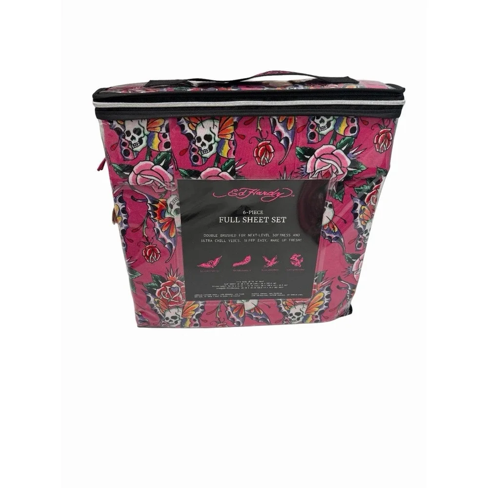Ed Hardy 6-Piece Full Size Sheet Set Butterfly Skull Bright Pink  Print New